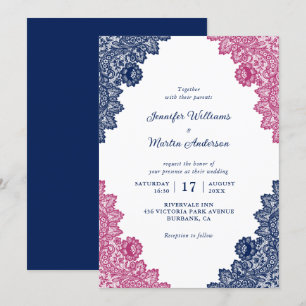 Invitación Boda de encaje floral azul y rosa de la marina