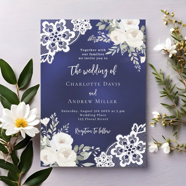 Invitación Boda de encaje floral blanco azul (Subido por el creador)