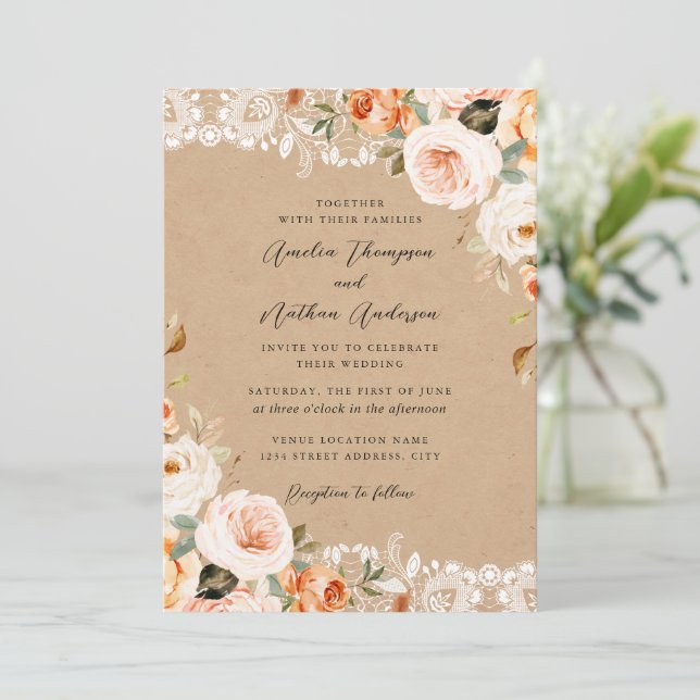 Invitación Boda de encaje floral botánico rústico con rubor d (Anverso de pie)