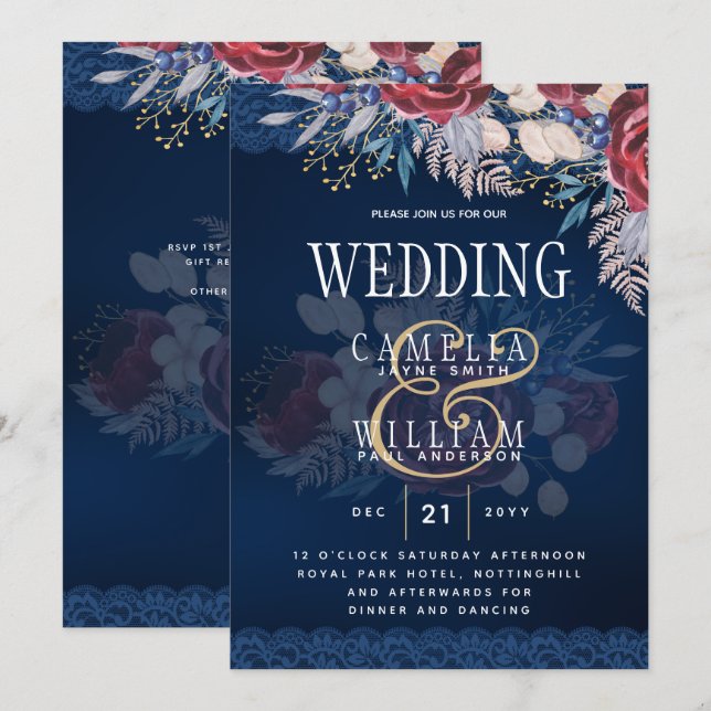 Invitación Boda de encaje floral de borgoña azul inagotable (Anverso / Reverso)
