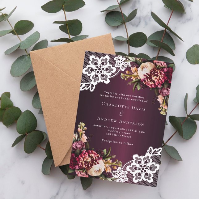 Invitación Boda de encaje floral de durazno rosa de Borgoña (Subido por el creador)