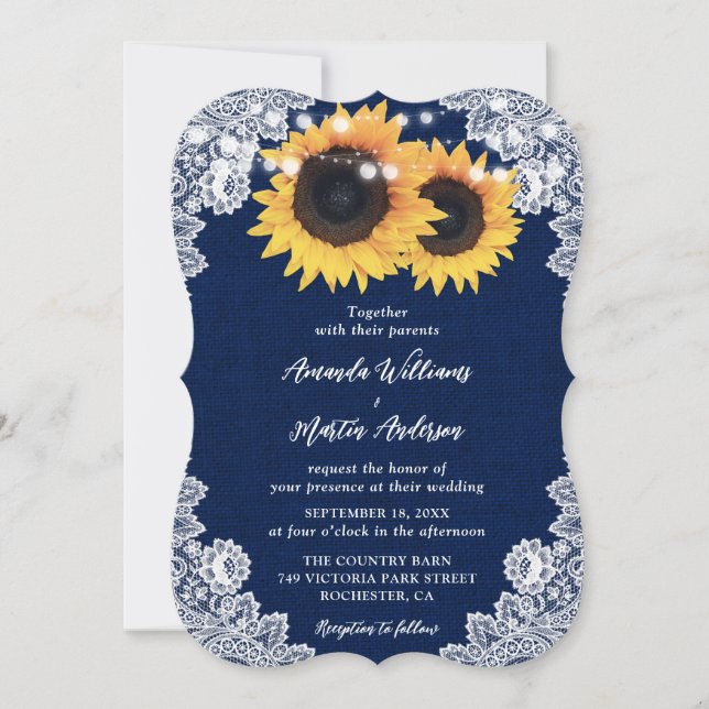 Invitación Boda de encaje floral de flor de girasol azul de l (Anverso)