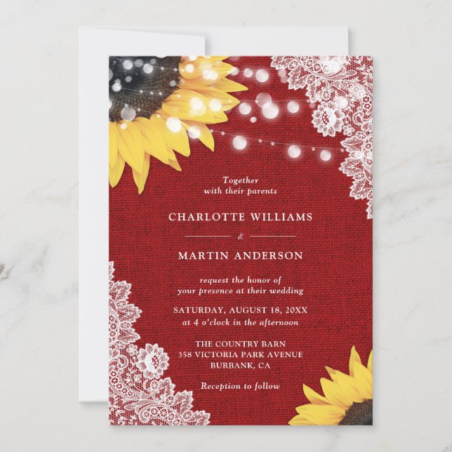 Invitación Boda de encaje floral de girasol de arpillera roja (Anverso)