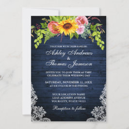 Invitación Boda de encaje floral de girasol de madera azul rú