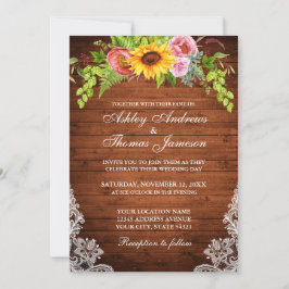 Invitación Boda de encaje floral de girasol de madera rústica