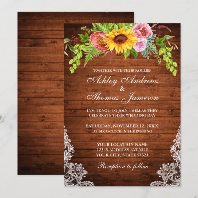 Invitación Boda de encaje floral de girasol de madera rústica (Anverso / Reverso)