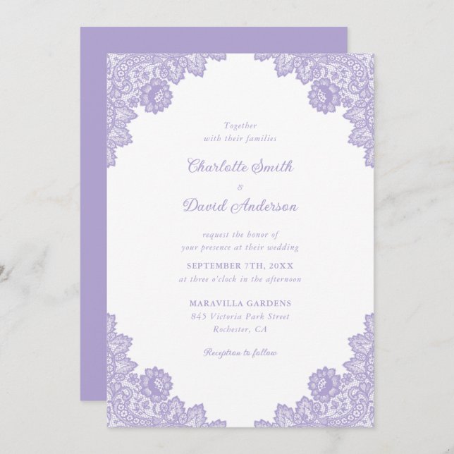 Invitación Boda de encaje floral de Lavender (Anverso / Reverso)