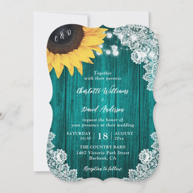 Invitación Boda de encaje floral de madera de girasol verde a (Anverso)