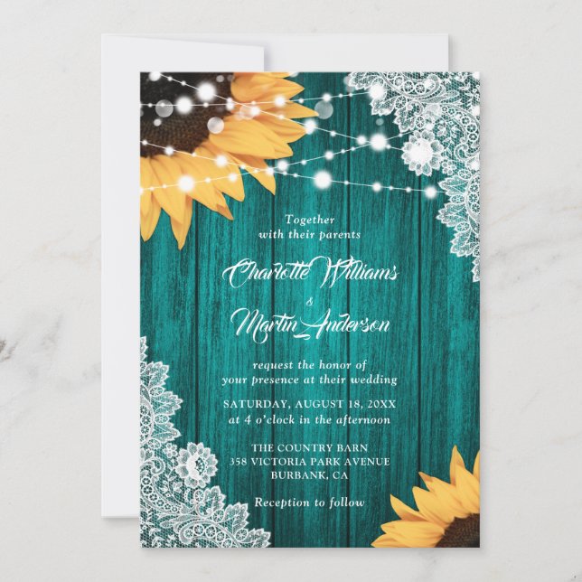 Invitación Boda de encaje floral de madera de girasol verde a (Anverso)