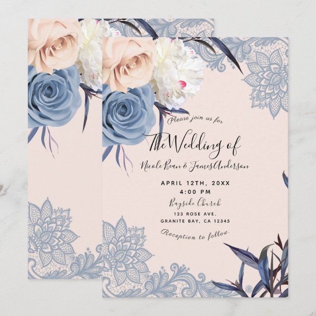 Invitación Boda de encaje floral Duste Blue & Peach (Anverso / Reverso)