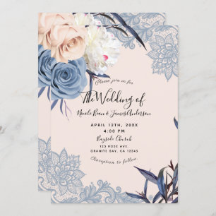 Invitación Boda de encaje floral Duste Blue & Peach