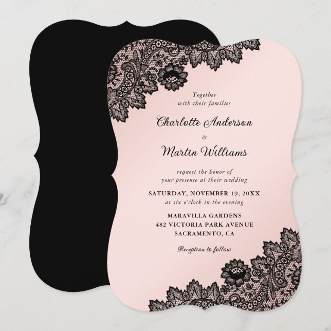 Invitación Boda de encaje floral negro y rosa Rubor (Anverso / Reverso)