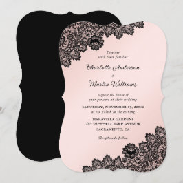 Invitación Boda de encaje floral negro y rosa Rubor
