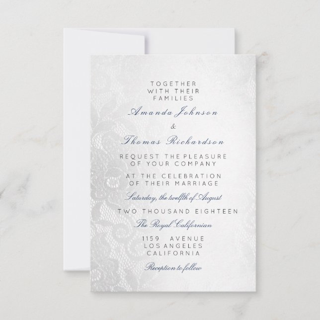 Invitación Boda de encaje floral plateado azul marino (Anverso)
