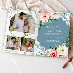 Invitación Boda de encaje floral rosa con código QR azul polv