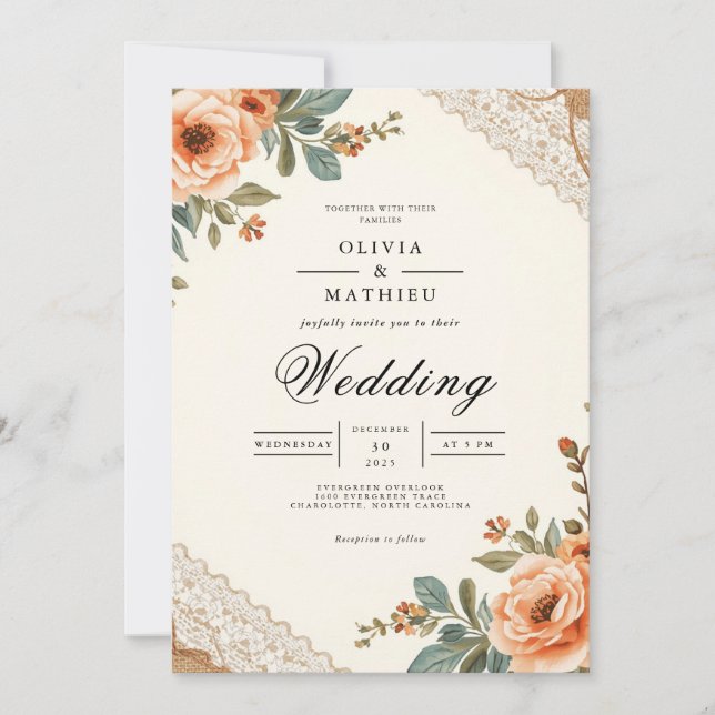 Invitación Boda de encaje floral rústico (Anverso)