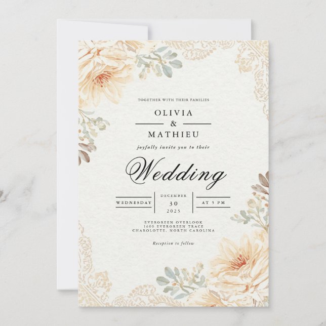 Invitación Boda de encaje floral suave (Anverso)