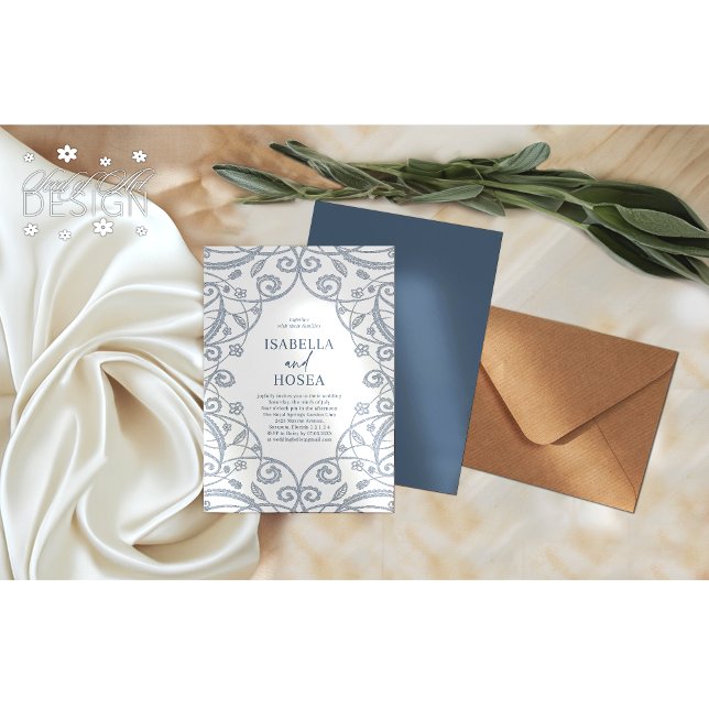 Invitación Boda de encaje floral suave de plata azul turquesa (Subido por el creador)