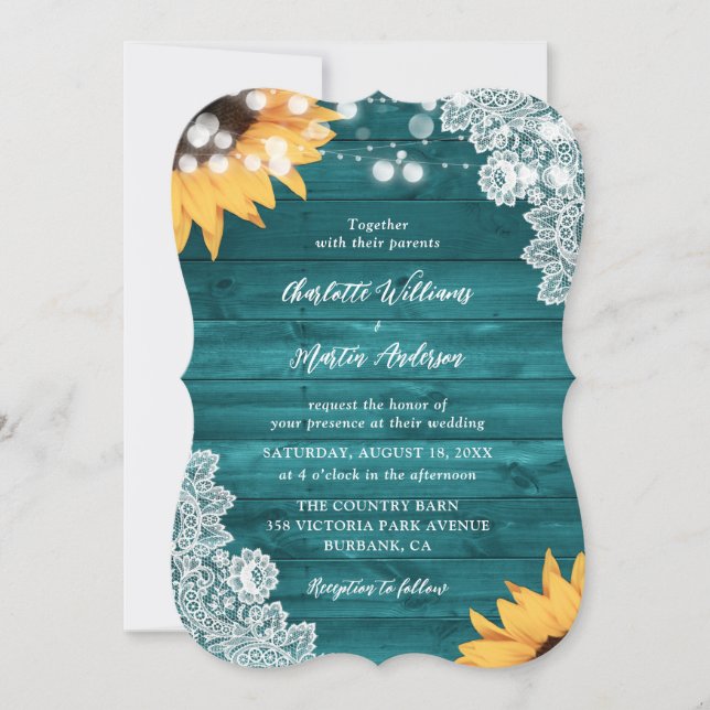 Invitación Boda de encaje floral verde azulado de flor de gir (Anverso)