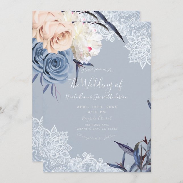 Invitación Boda de encaje floral y gris azul turbio (Anverso / Reverso)