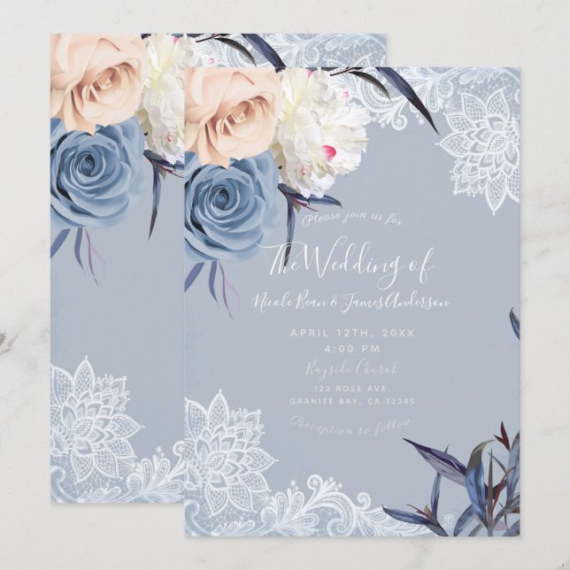 Invitación Boda de encaje floral y gris azul turbio (Anverso / Reverso)