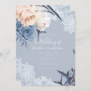 Invitación Boda de encaje floral y gris azul turbio