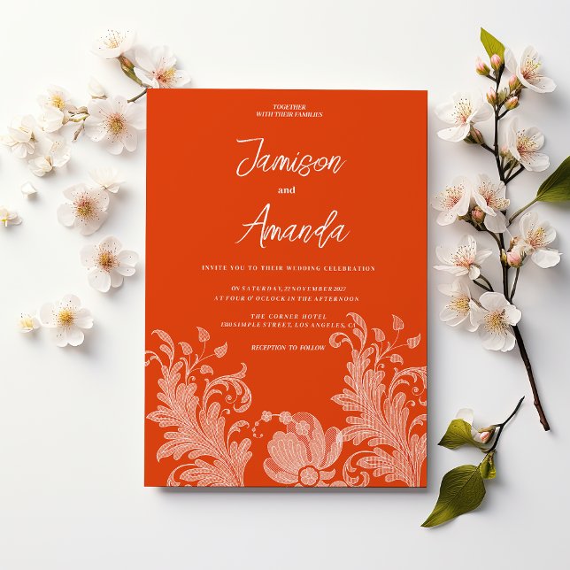 Invitación Boda de encaje floral y naranja de canela (Cinnamon orange white floral lace Wedding )