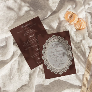 Invitación Boda de encaje marrón chocolate Vintage todo en un