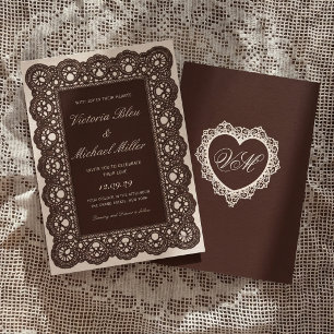 Invitación Boda de encaje marrón oscuro victoriano vintage cr