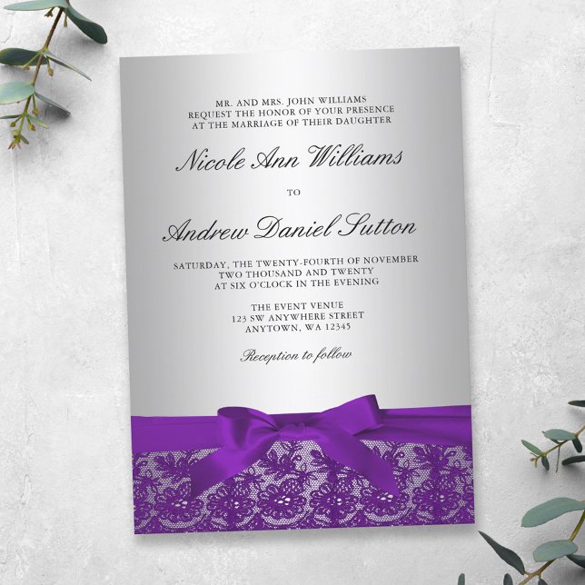 Invitación Boda de encaje morado y plateado (Subido por el creador)