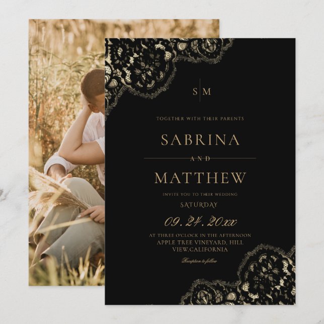 Invitación Boda de encaje negro moderna y elegante  (Anverso / Reverso)