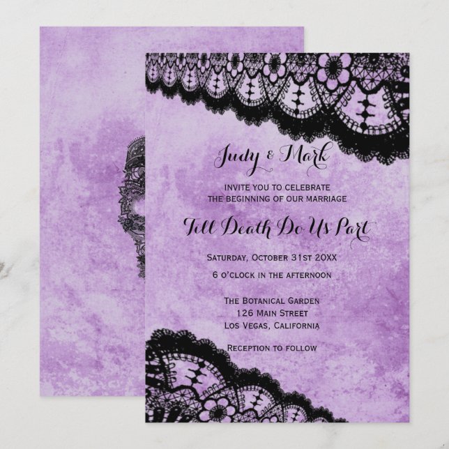 Invitación Boda de encaje negro morado gótico (Anverso / Reverso)