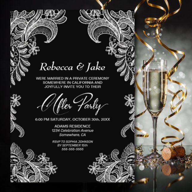 Invitación Boda de encaje negro y blanco después del Fiesta (Subido por el creador)