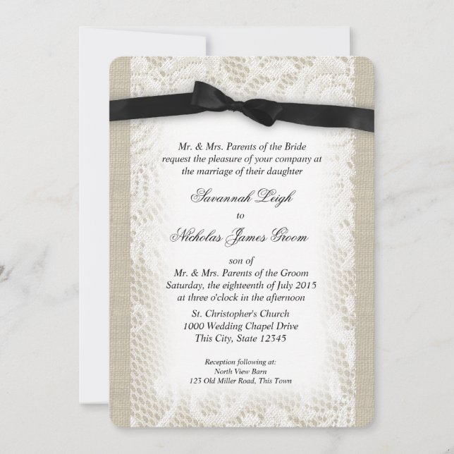 Invitación Boda de encaje negro y blanco y de reverso (Anverso)