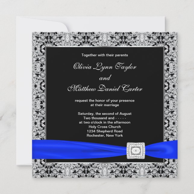Invitación Boda de encaje plateado azul real y negro (Anverso)