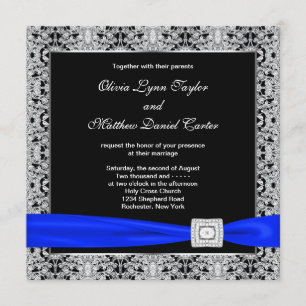 Invitación Boda de encaje plateado azul real y negro
