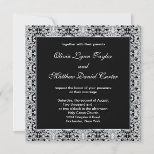 Invitación Boda de encaje plateado blanco y negro