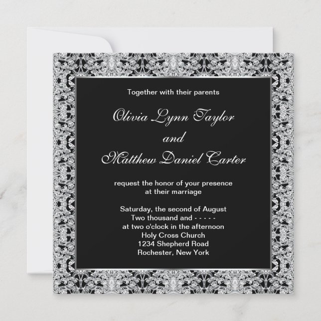 Invitación Boda de encaje plateado blanco y negro (Anverso)