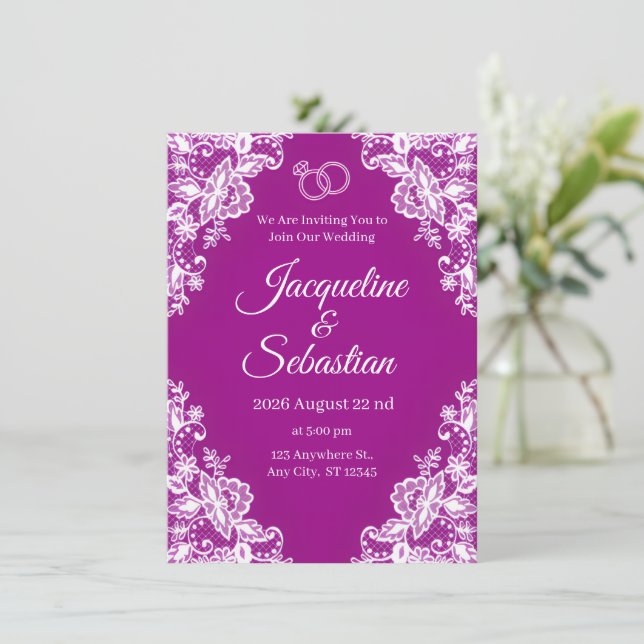 Invitación Boda de Encaje Púrpura (Anverso de pie)