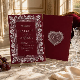 Invitación Boda de encaje rojo intenso Old Money