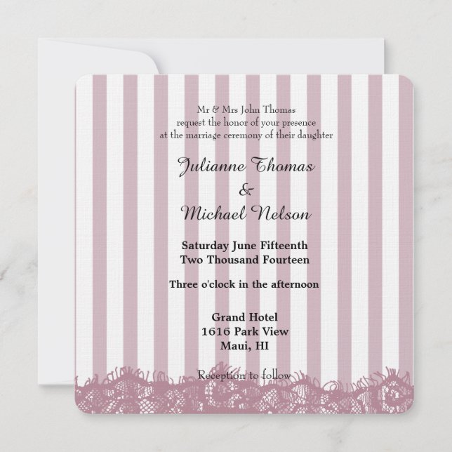 Invitación Boda de encaje rosado y rayas (Anverso)