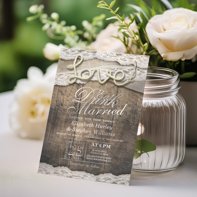 Invitación Boda de encaje rústico de campo COMER Beber Casars (Subido por el creador)