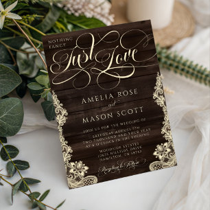 Invitación Boda de encaje rústico madera oscura solo amor esc
