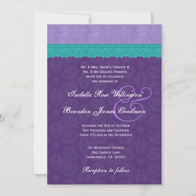 Invitación Boda de encaje Verde azulado morado real V10A (Anverso)