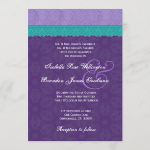 Invitación Boda de encaje Verde azulado morado real V10A