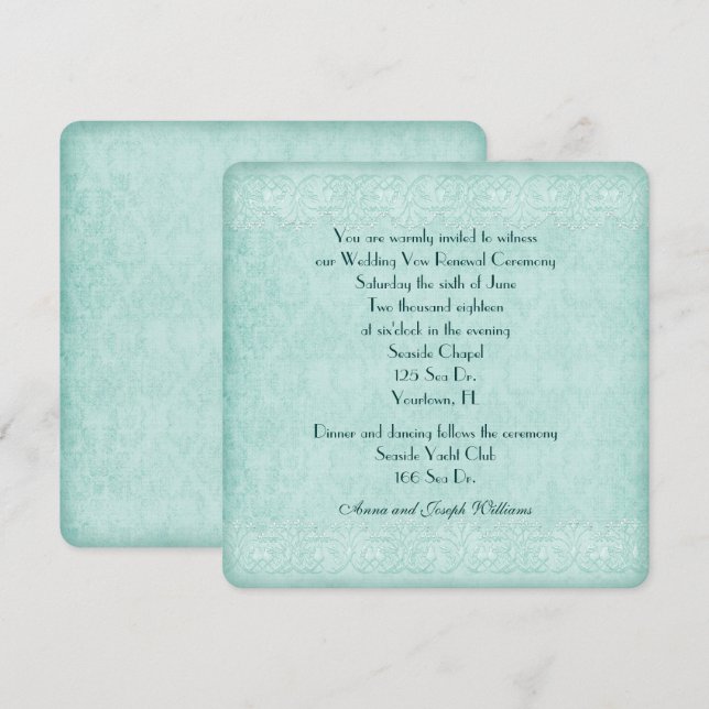 Invitación boda de encaje verde menta Vow Renovación (Anverso / Reverso)