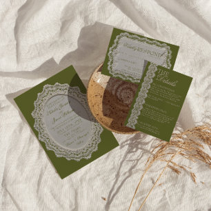 Invitación Boda de encaje verde oliva vintage dinero antiguo