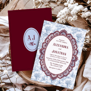 Invitación Boda de encaje vintage azul aciano y burdeos