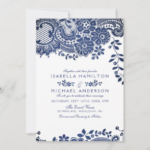 Invitación Boda de encaje vintage azul y blanco elegante
