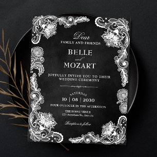 Invitación Boda de encaje vintage en blanco y negro